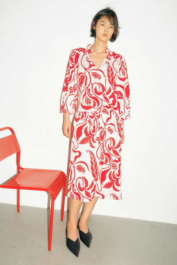 H&M Frill-collar Dress White/red Patterned