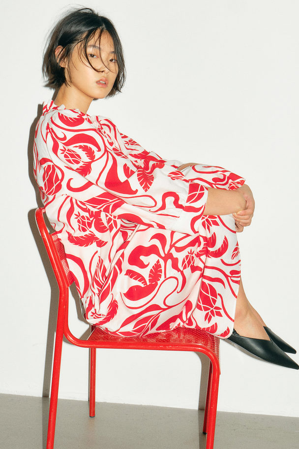 H&M Kleid mit Volantkragen Weiss/Rot gemustert
