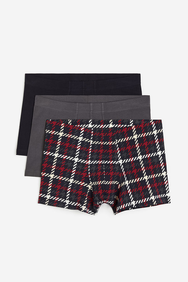 H&M 3-pack Short Cotton Trunks Red/grey Checked