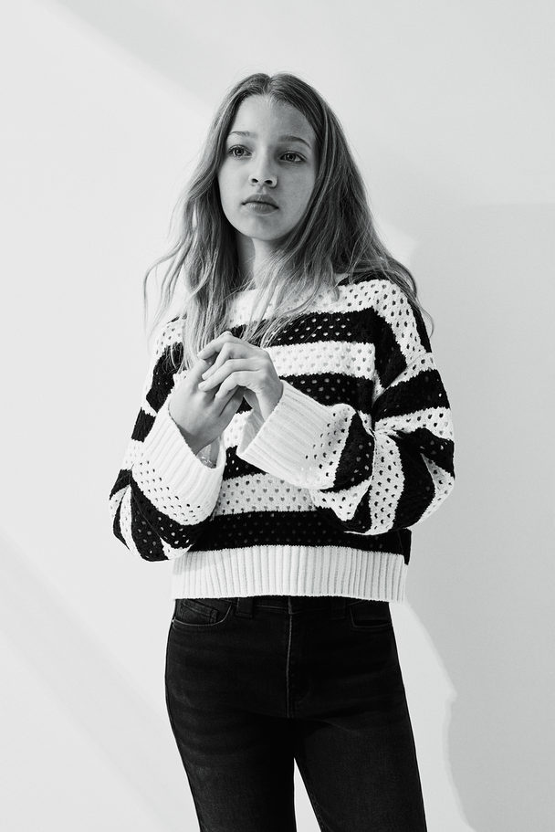 H&M Hole-knit Jumper White/black Striped