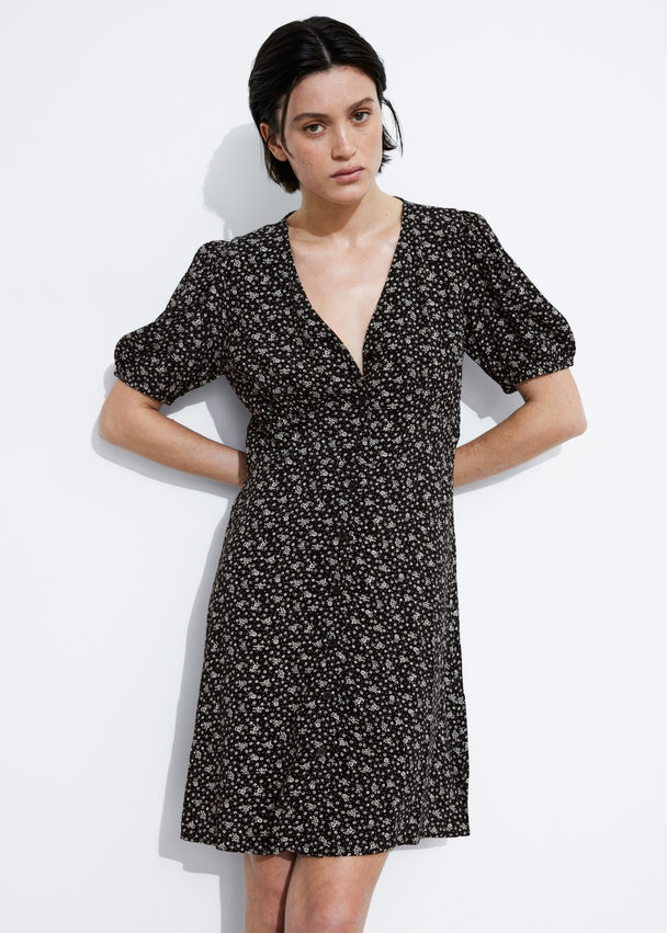 & Other Stories Printed Buttoned Mini Dress Black