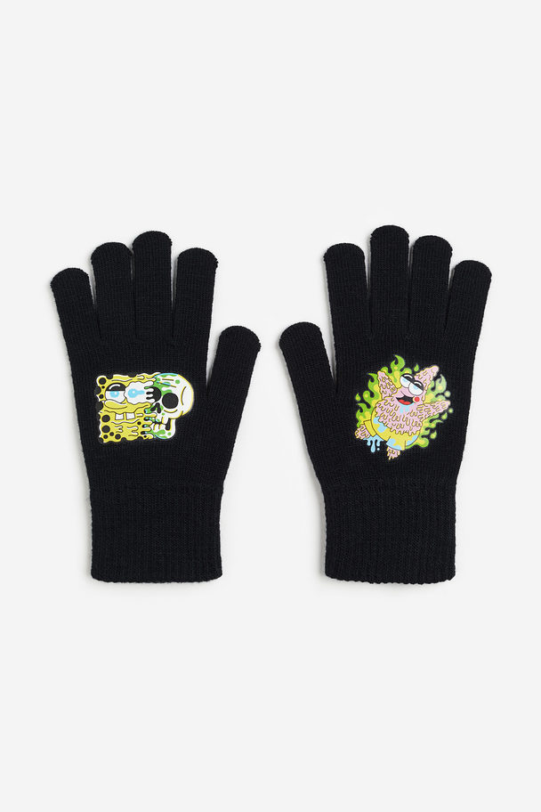 H&M Print-motif Gloves Black/spongebob Squarepants