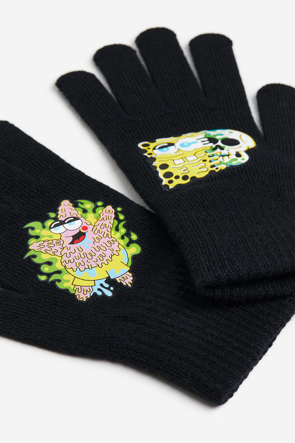 H&M Print-motif Gloves Black/spongebob Squarepants