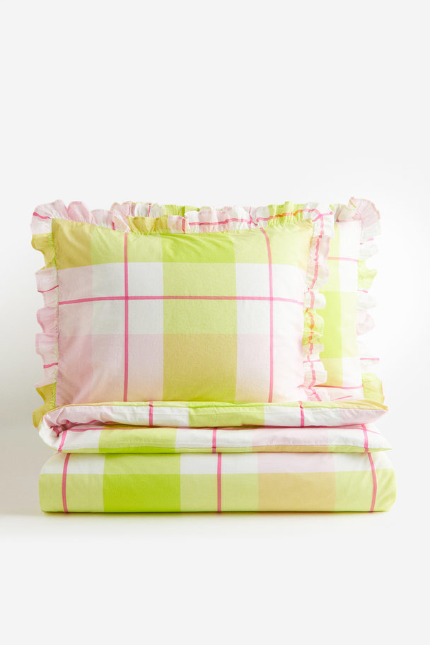 H&M HOME Washed Cotton Double/king Size Duvet Cover Set Lime Green/checked