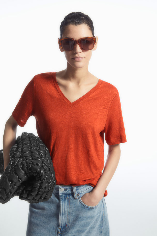 COS V-neck Linen T-shirt Dark Orange