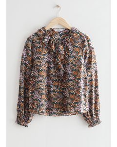 Frilled Mulberry Silk Blouse Brown Print