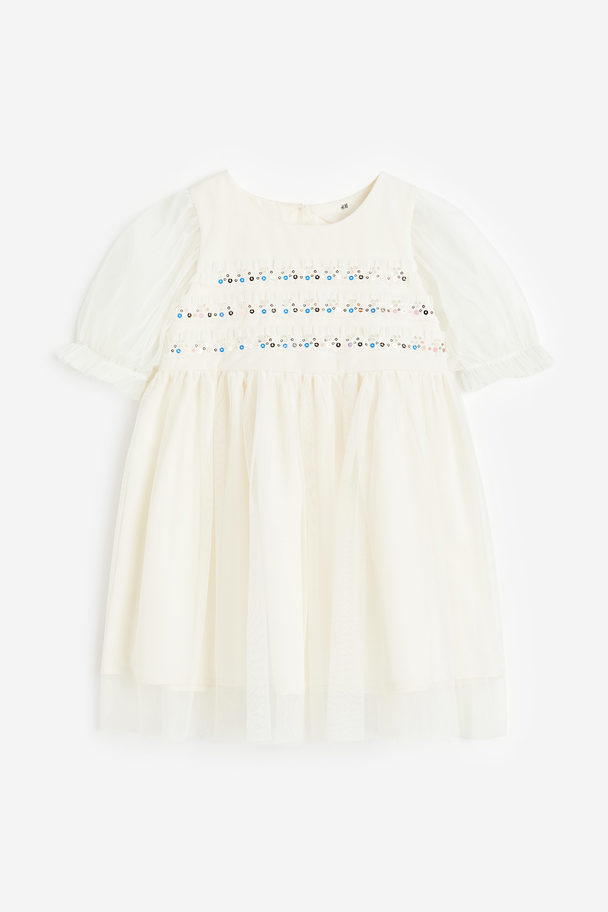 H&M Embellished Tulle Dress Natural White