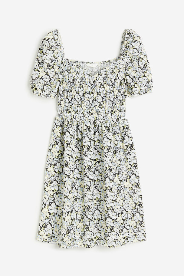 H&M Puff-sleeved Textured Jersey Dress Light Blue/floral