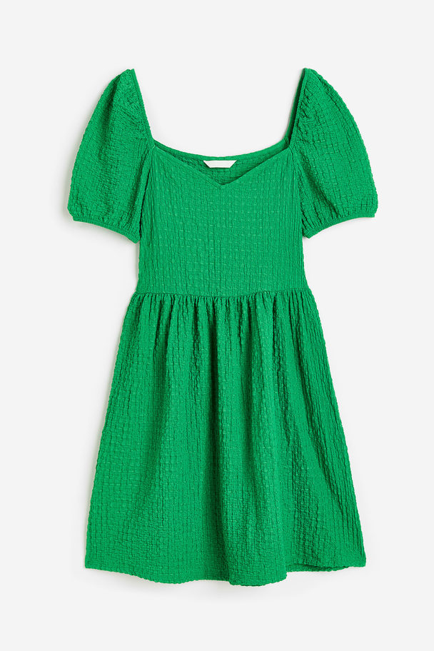 H&M Puff-sleeved Textured Jersey Dress Green