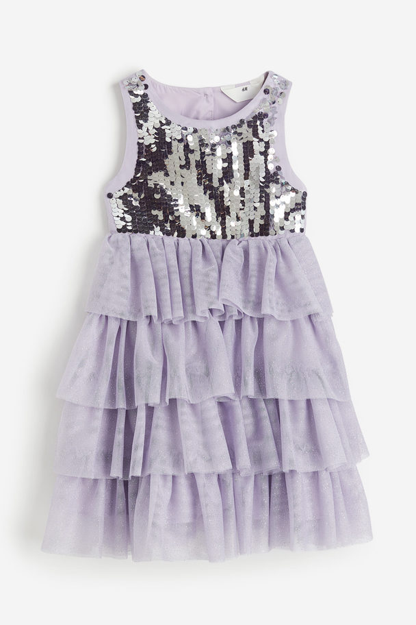 H&M Sequined Tulle Dress Dusty Purple/silver-coloured