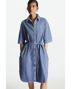 Belted Denim Midi Shirt Dress Light Blue