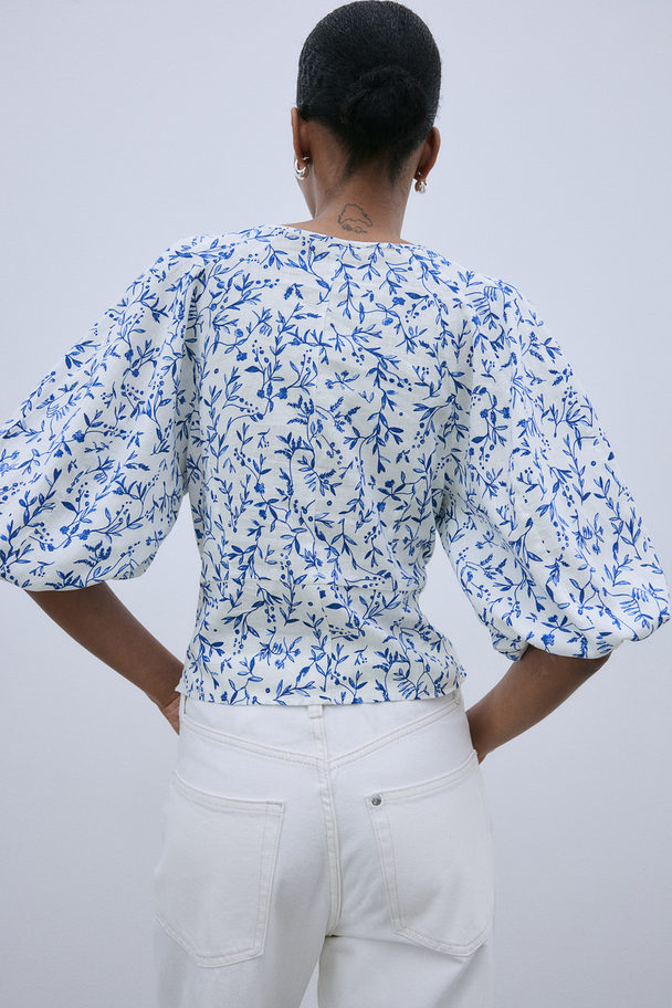 H&M Linen-blend Blouse White/blue Floral