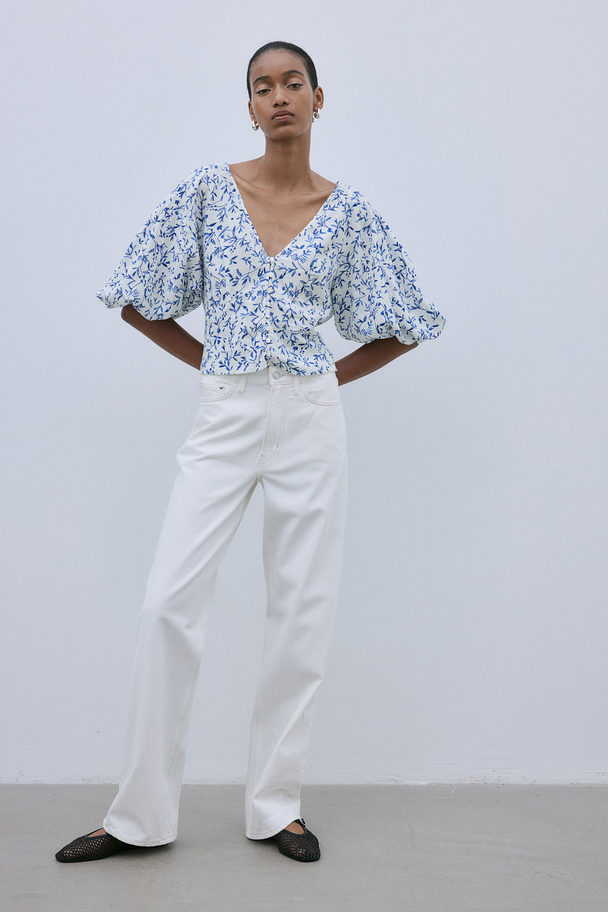 H&M Linen-blend Blouse White/blue Floral