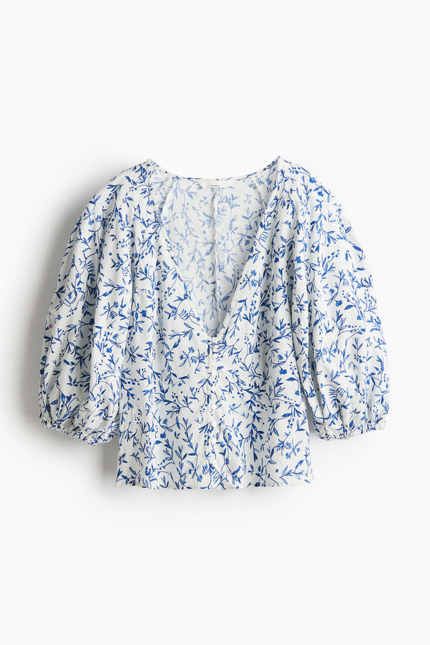 H&M Bluse aus Leinenmix Weiß/Blau geblümt