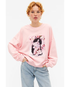 Pink Sweatshirt Normal Pasform Med Katteprint Pink Med Kattefotoprint