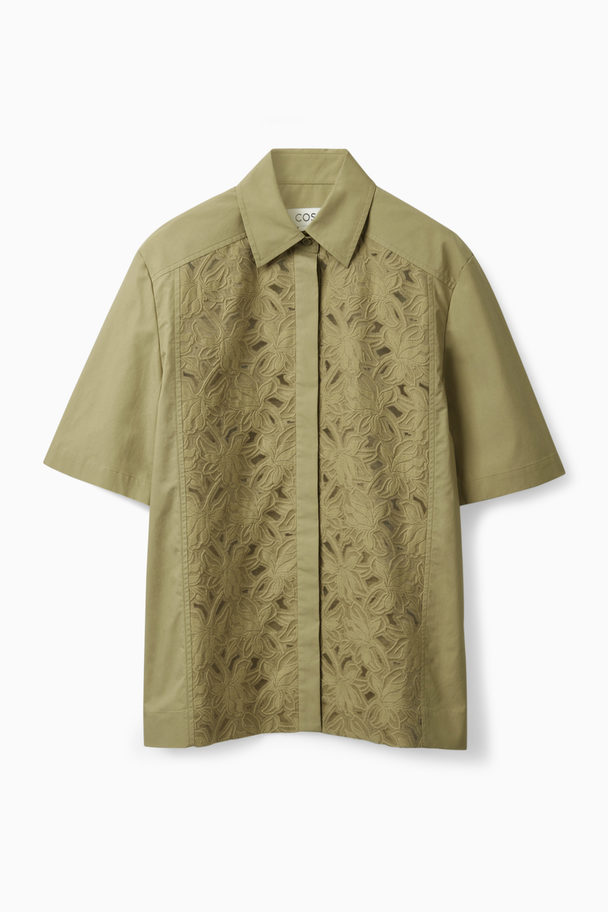 COS Relaxed-fit Lace Panel Shirt Khaki Green