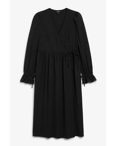 Black Wrap Midi Dress With Drawstring Cuffs Black