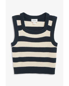 Sleeve-less Knit Top Navy And White Stripes