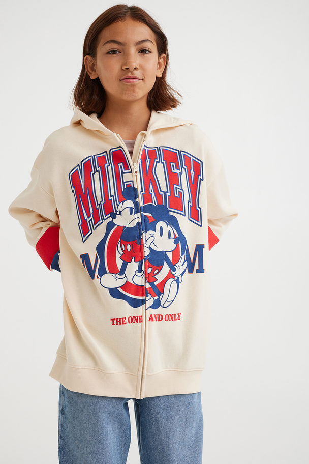 H&M Oversized Printed Zip-through Hoodie Light Beige/mickey Mouse
