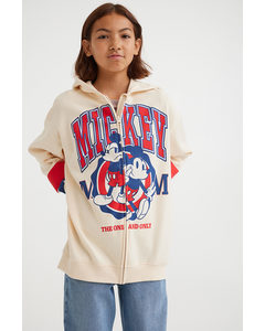 Oversized Printed Zip-through Hoodie Light Beige/mickey Mouse