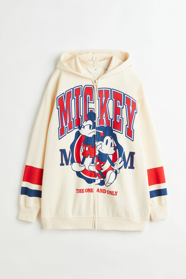 H&M Oversized Printed Zip-through Hoodie Light Beige/mickey Mouse