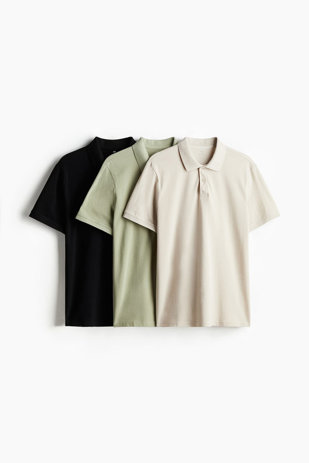 H&M 3er-Pack Shirts in Regular Fit Beige/Salbeigrün