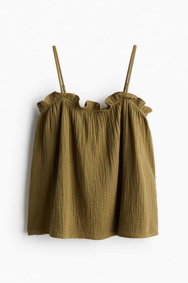 H&M Frill-trimmed Strappy Top Khaki Green