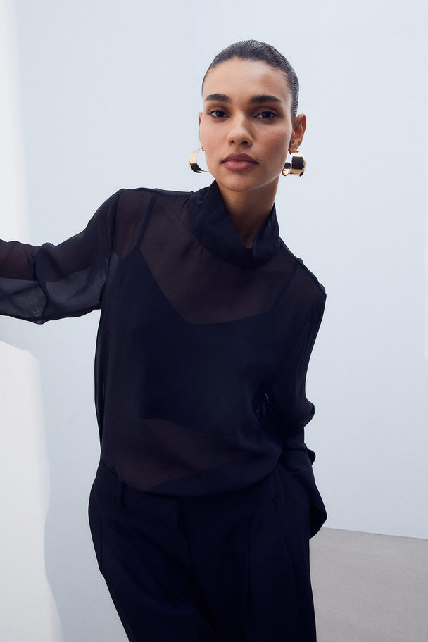H&M Transparante Blouse Met Opstaande Kraag Zwart