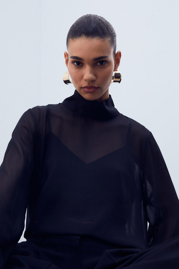 H&M Transparante Blouse Met Opstaande Kraag Zwart