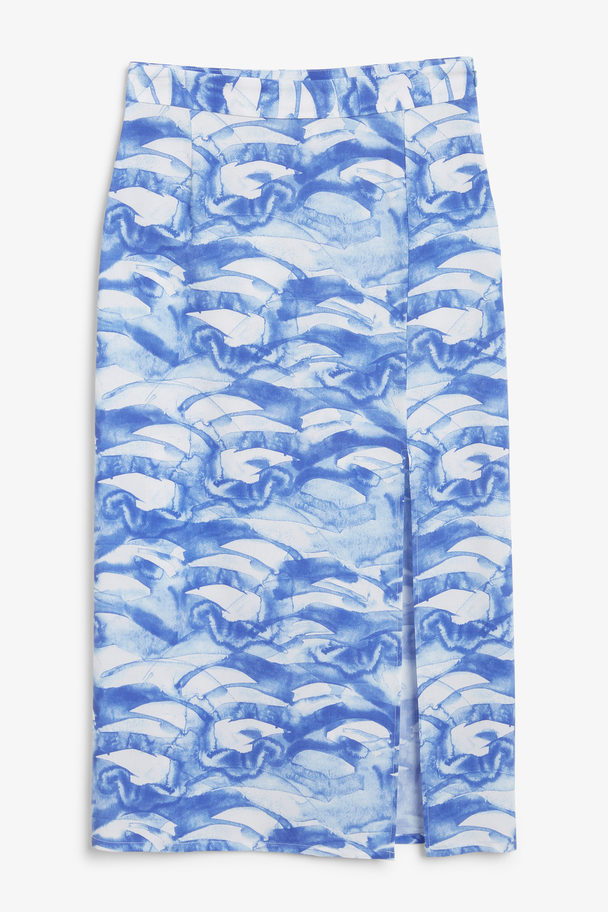 Monki Blauer Midirock mit Seitenschlitz und Wellenmuster Blaue Wellen