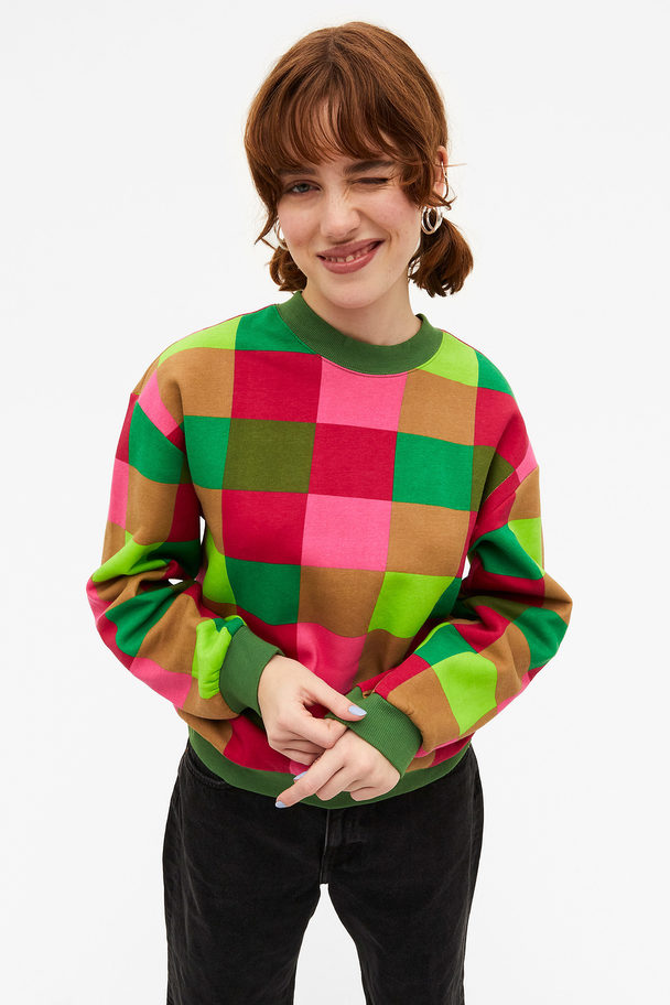 Monki Pink And Green Check Print Crew Neck Sweater Pink & Green