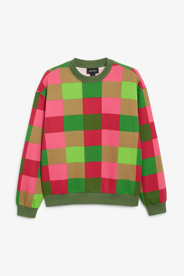 Monki Pink And Green Check Print Crew Neck Sweater Pink & Green