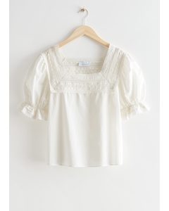 Lace Trim Puff Sleeve Blouse White