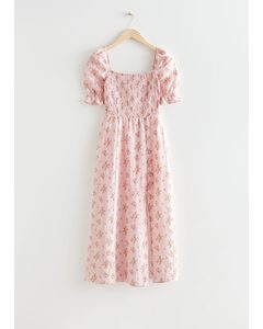 Printed Puff Sleeve Linen Midi Dress Light Pink