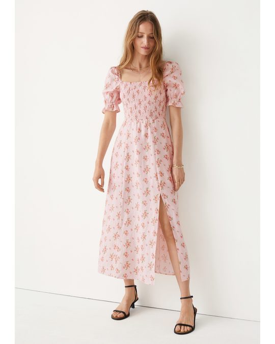 & Other Stories Printed Puff Sleeve Linen Midi Dress Light Pink