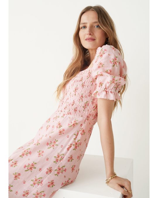 & Other Stories Printed Puff Sleeve Linen Midi Dress Light Pink