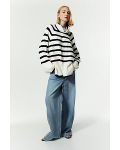 Rib-knit Polo-neck Jumper White/striped