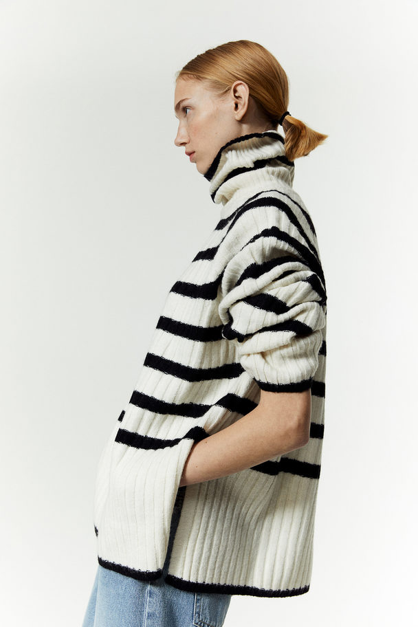 H&M Rib-knit Polo-neck Jumper White/striped