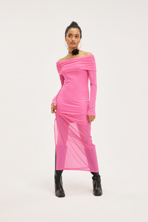 Monki Long Sleeved Off Shoulder Maxi Dress Pink