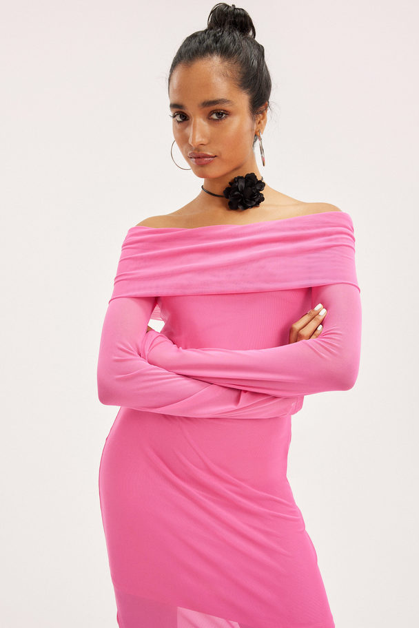 Monki Long Sleeved Off Shoulder Maxi Dress Pink