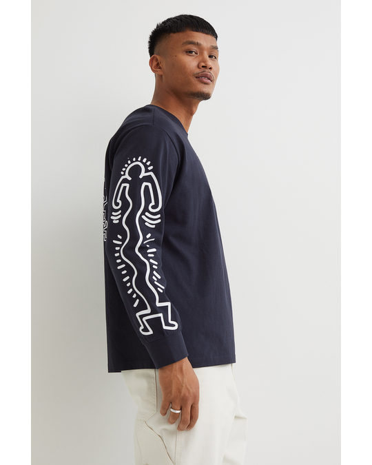 H&M Relaxed Fit Printed Jersey Top Black/keith Haring