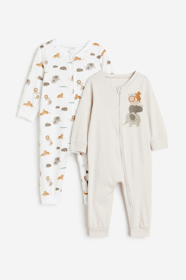 H&M Set Van 2 Katoenen Pyjama's Met Dessin Lichttaupe/dieren