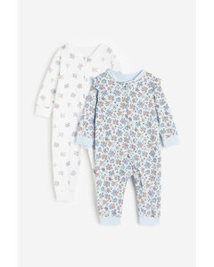 Set Van 2 Katoenen Pyjama's Met Dessin Lichtblauw/bloemen