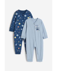 Set Van 2 Katoenen Pyjama's Met Dessin Blauw/heelal