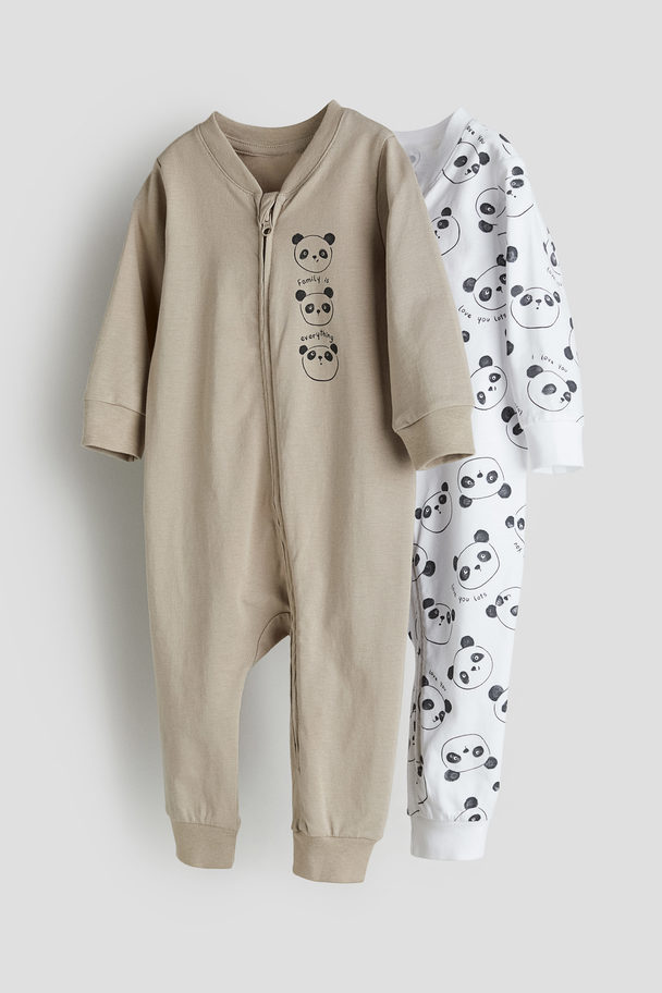 H&M 2er-Pack Baumwollschlafanzüge mit Print Taupe/Pandas