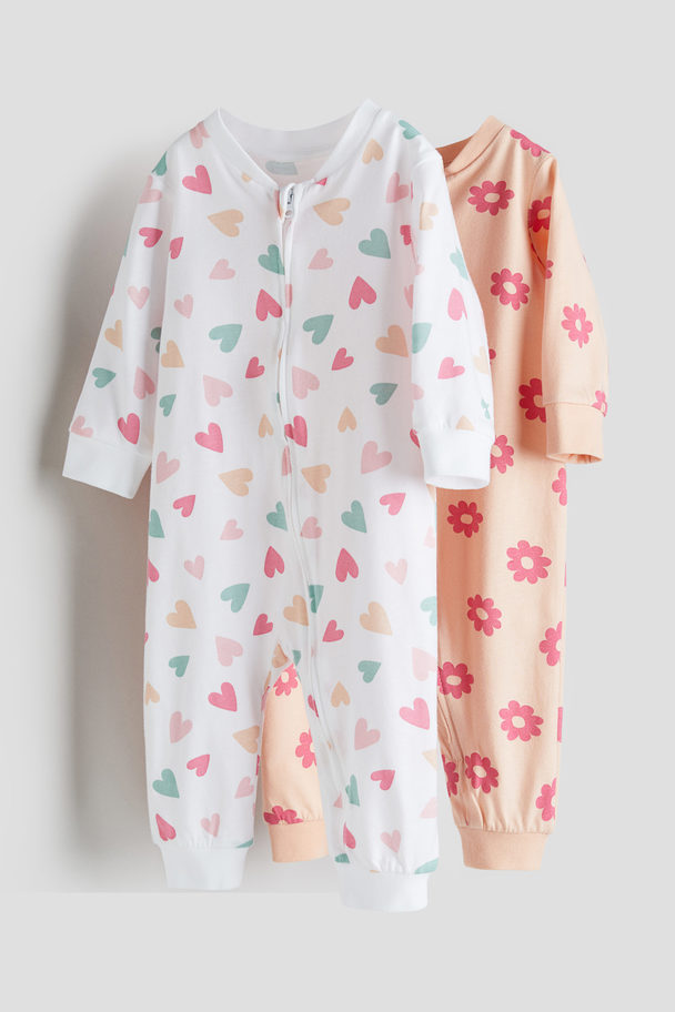 H&M 2-pack Patterned Cotton Pyjamas White/hearts