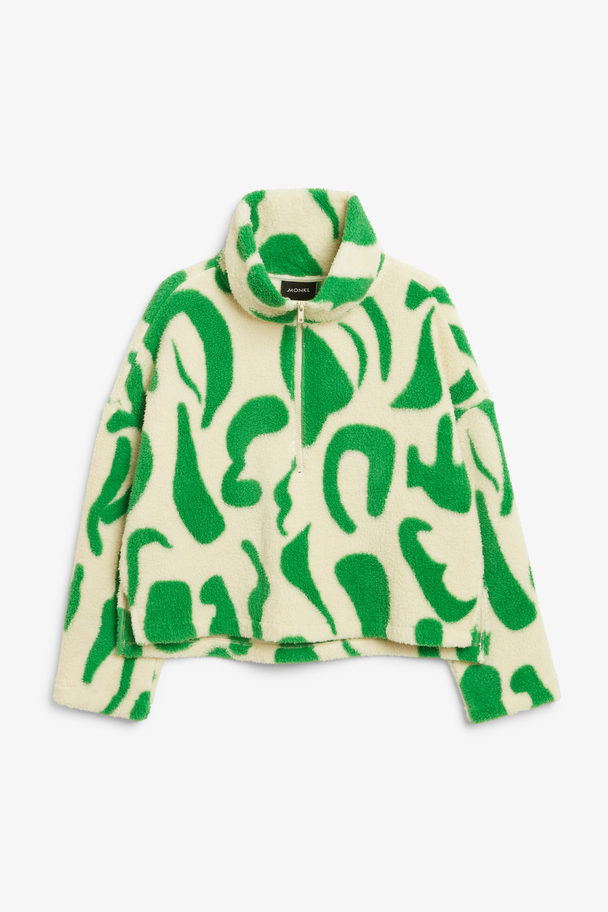 Monki Faux Fleece Half-zip Sweater With Green Swirls Green Swirls