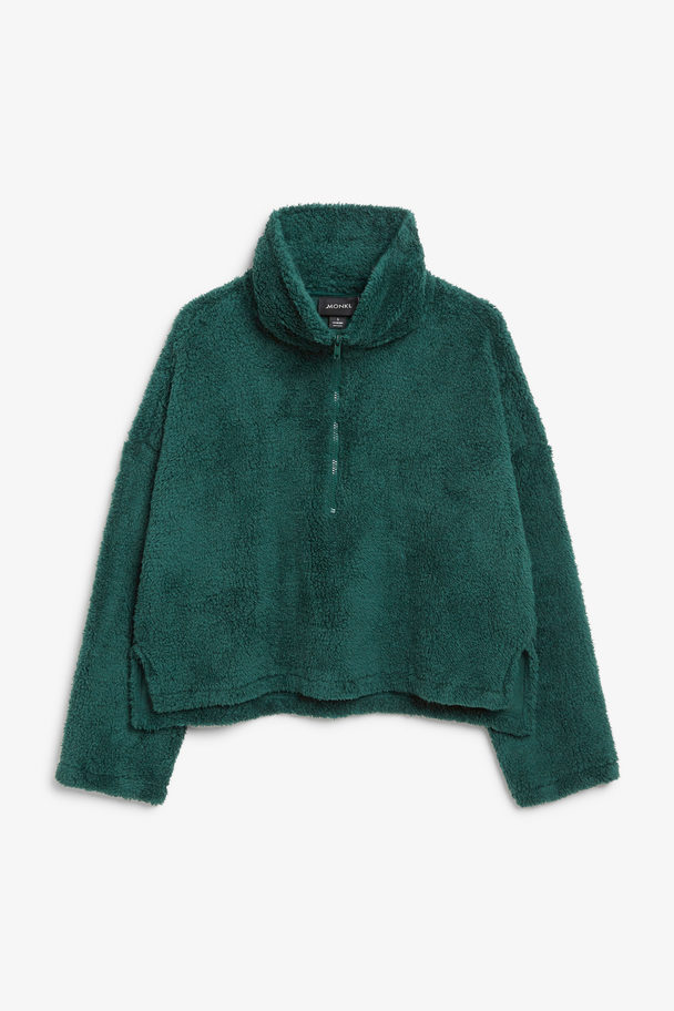 Monki Grüner Faux-Fleece-Pullover mit kurzem Reißverschluss Dunkelgrün