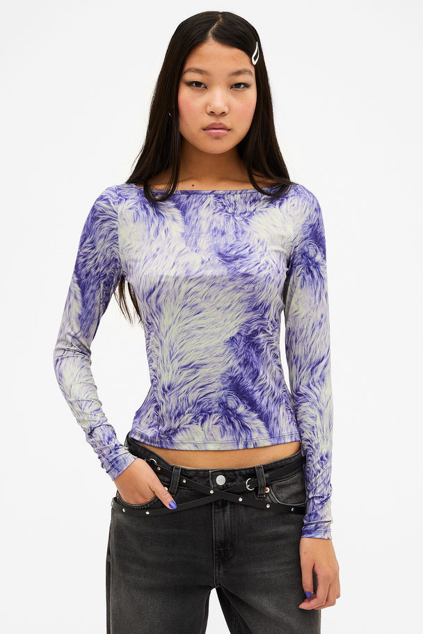Monki Long Sleeve Boat Neck Top Purple Fur Print