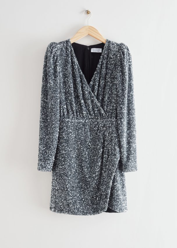 & Other Stories Sequin Wrap Mini Dress Silver Sequin